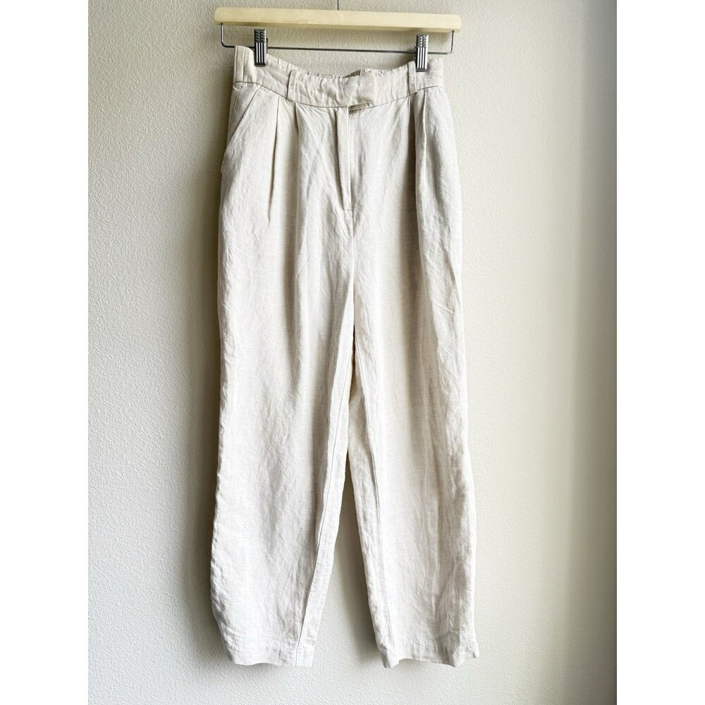 H&M Beige Linen  Tapered  Pleated  Trouser Pants Size Casual Minimalist Resort